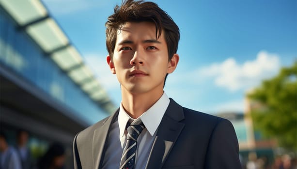 Portrait of successful Asian businessman standing with arms crossed standing in front of modern office buildings in the city. Successful Asia businessman portrait