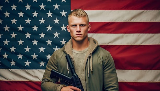 American flag with civilian and weapon. American gun law concept. army concept. Sales of weapons and ammunition. Military industry, war, global arms trade. Shotgun