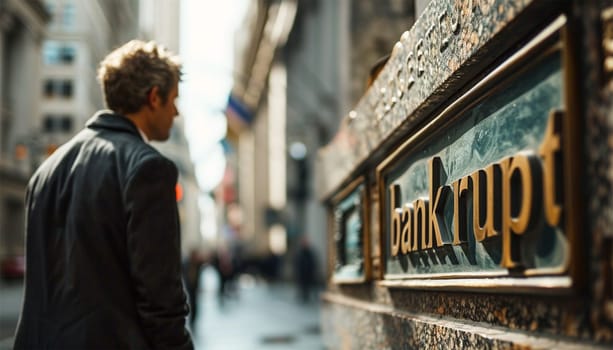 Businessmen bankrupt from recession, lose global business competitiveness, chart the global recession leading to bankruptcy and crisis. Sign with the text bankrupt with depressed businessman help