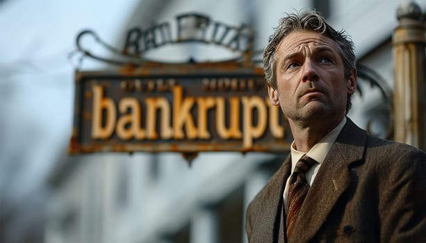 Businessmen bankrupt from recession, lose global business competitiveness, chart the global recession leading to bankruptcy and crisis. Sign with the text bankrupt with depressed businessman help