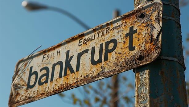 Businessmen bankrupt from recession, lose global business competitiveness, chart the global recession leading to bankruptcy and crisis. Sign with the text bankrupt with depressed businessman