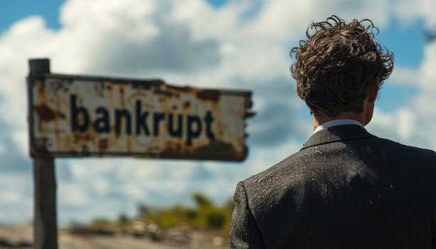 Businessmen bankrupt from recession, lose global business competitiveness, chart the global recession leading to bankruptcy and crisis. Sign with the text bankrupt with depressed businessman help