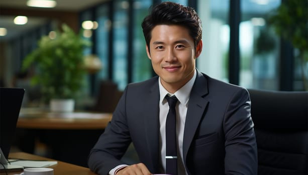 Portrait of successful Asian businessman standing with arms crossed standing in front of modern office buildings in the city. Successful Asia businessman portrait