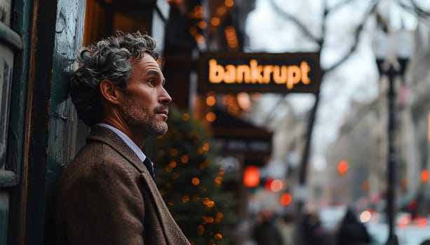 Businessmen bankrupt from recession, lose global business competitiveness, chart the global recession leading to bankruptcy and crisis. Sign with the text bankrupt with depressed businessman