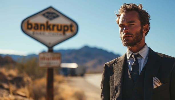Businessmen bankrupt from recession, lose global business competitiveness, chart the global recession leading to bankruptcy and crisis. Sign with the text bankrupt with depressed businessman help