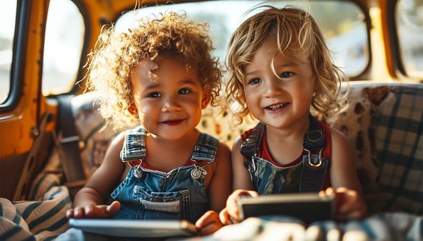 Happy kids siblings on the back seat of a car watching a video on tablet together. Transport, road trip, travel, technology and people concept. happy little children with tablet pc driving in car safety seat Laughing