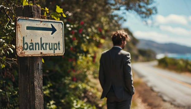 Businessmen bankrupt from recession, lose global business competitiveness, chart the global recession leading to bankruptcy and crisis. Sign with the text bankrupt with depressed businessman help