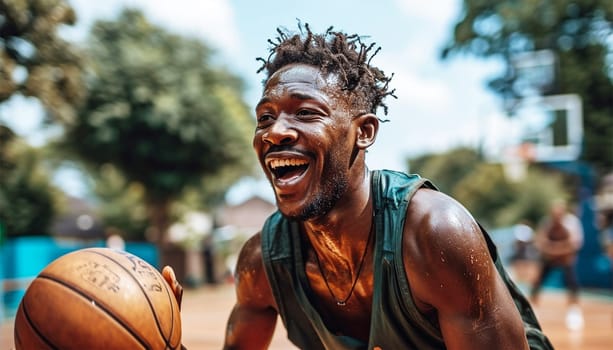 African American basketball player on a court in the city. Street basketball player making a powerful slam dunk on the court - Athletic male training outdoor at sunset - Sport and competition concept outside