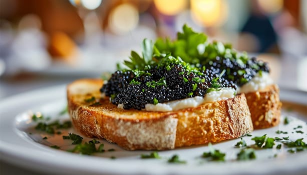 Black caviar on cracker,toast with cream cheese on white plate in luxury restaurant on festive night. Close up on delicious healthy fish food. close up