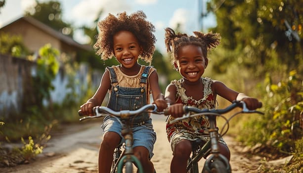 Happy African American children riding a bicycle on summer road. children riding his bicycle and his happy excited going to school. Kids having fun active