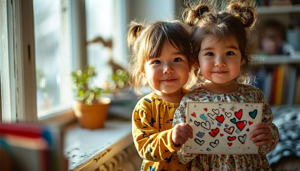 Asian lovely sweet preschool daughter congratulates mommy with life event birthday holiday, prepares for her handmade post card with red painted heart symbol of unconditional love, Mother Day concept