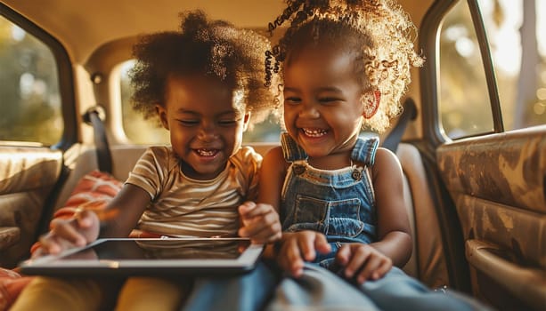 Cheerful cute African American siblings sitting at car back seat, using digital tablet together and having fun,laughing playing video games while going home from school, smiling at camera, copy space happy