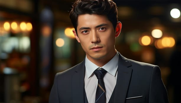 Portrait of successful Asian businessman standing with arms crossed standing in front of modern office buildings in the city. Successful Asia businessman portrait