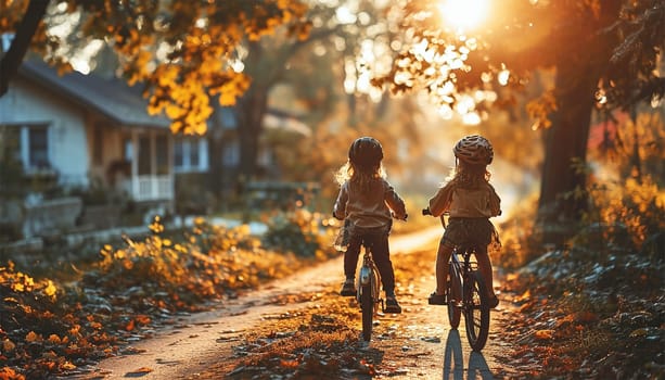 Two Children Riding Bicycle on Way to School. back View of kids Commuting to School on Bicycle along Suburban Bikeway in Morning, summer light active