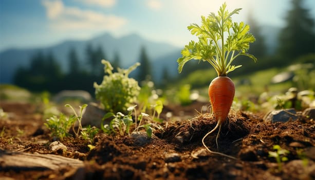 Ripe carrot growing in soil in garden 3D animation. Blue summer sky. Carrot growing closeup. carrot is growing in soil. A closeup shot of carrots growing in field. A fresh vegetable plant of carrot. funny vegetable sunlight
