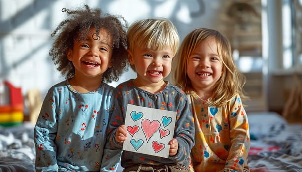 Cute siblings children holding heart drawing. Children's creativity drawings and crafts for Valentines Day or Mother's Day or Father's Day. front View. Love