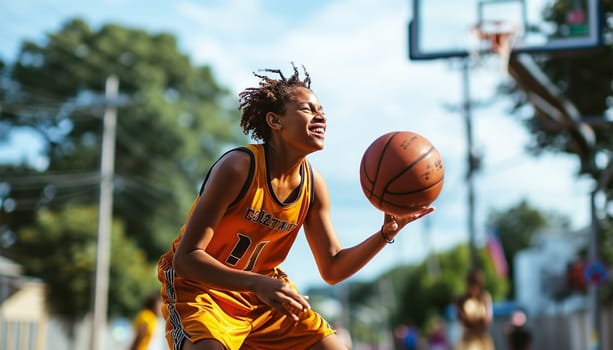 African American basketball player on a court in the city. Street basketball player making a powerful slam dunk on the court - Athletic male training outdoor at sunset - Sport and competition concept outside