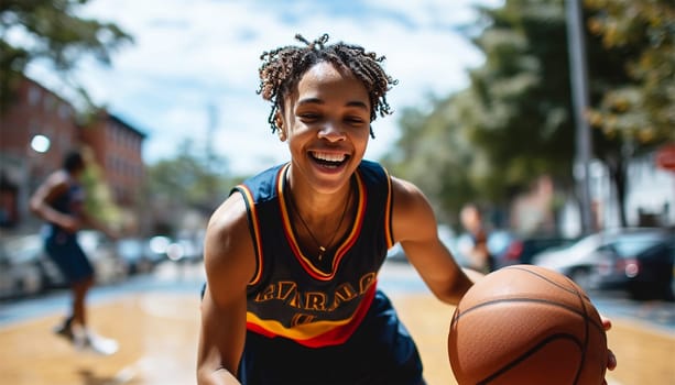 African American basketball player on a court in the city. Street basketball player making a powerful slam dunk on the court - Athletic male training outdoor at sunset - Sport and competition concept outside