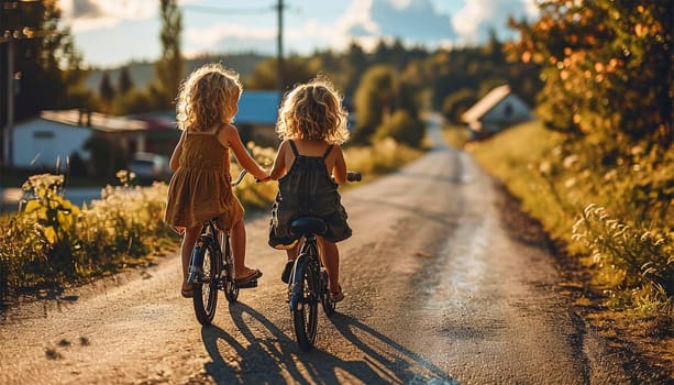 Two Children Riding Bicycle on Way to School. back View of kids Commuting to School on Bicycle along Suburban Bikeway in Morning, summer light active