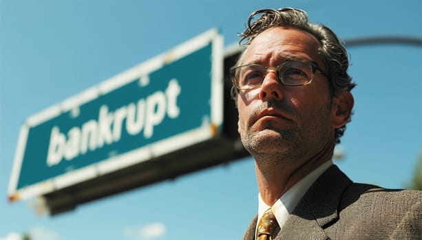 Businessmen bankrupt from recession, lose global business competitiveness, chart the global recession leading to bankruptcy and crisis. Sign with the text bankrupt with depressed businessman help