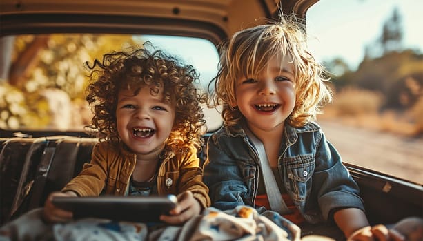 Happy kids siblings on the back seat of a car watching a video on tablet together. Transport, road trip, travel, technology and people concept. happy little children with tablet pc driving in car safety seat Laughing