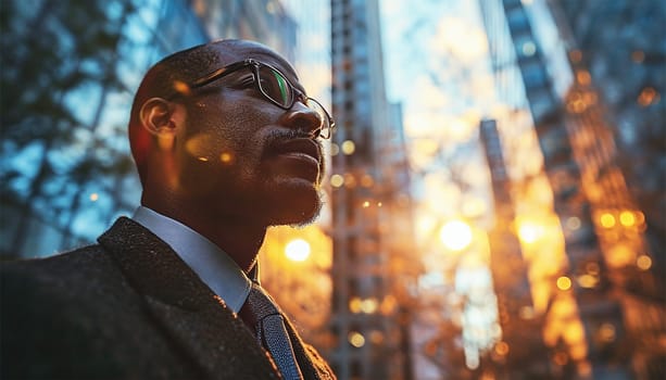 Businessman standing in the city by tall modern office building ready to work. happy successful business man outdoors Next to Office Buildings with cityscape and sky, sunlight