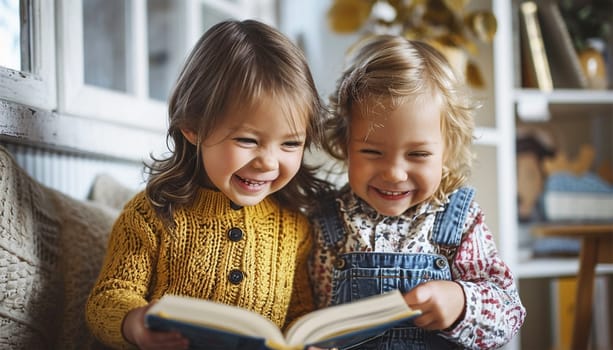Happy family two siblings or friends read book relax embrace cute little children daughters, smiling tell small kids funny fairy tale story sit on sofa having fun together at home. Two kids reading a book together laughing