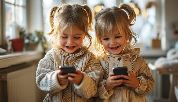 Two kids with gadgets. Sisters surfing the net or playing online games on smartphone and digital tablet at home. Modern communication and gadget addiction concept. Cute children siblings on smartphone happy