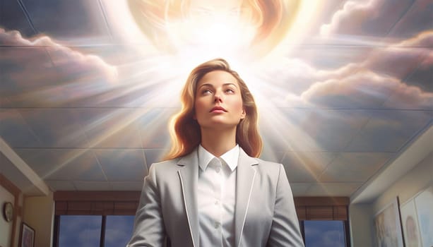 Beautiful female business woman CEO in a suit, standing confidently with arms folded and halo angel light burning. Successful female leader at work beauty