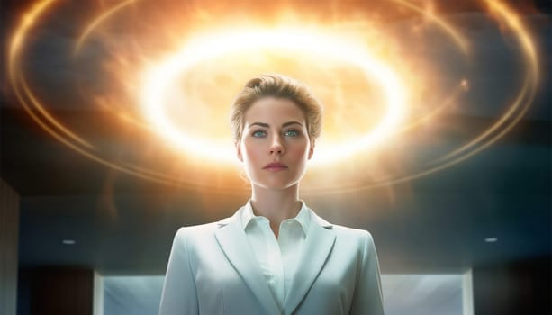Beautiful female business woman CEO in a suit, standing confidently with arms folded and halo angel light burning. Successful female leader at work beauty