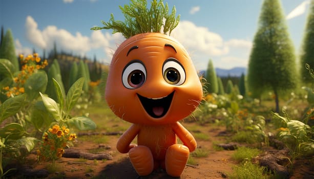 Ripe carrot growing in soil in garden 3D animation. Blue summer sky. Carrot growing closeup. carrot is growing in soil. A closeup shot of carrots growing in field. A fresh vegetable plant of carrot. funny vegetable sunlight
