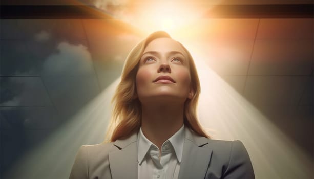 Beautiful female business woman CEO in a suit, standing confidently with arms folded and halo angel light burning. Successful female leader at work beauty