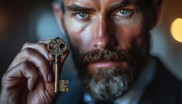 Businessman holding key from house flat apartment in hand of smiling male. Blurred portrait of confident man professional realtor offering new dwelling real estate unit to potential buyer. Close up. Key of success portrait
