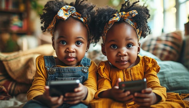 Children gadget addiction two happy laughing African American little girls sisters browsing mobile phone watching cartoons online without parental control at home couch kids siblings using smartphone and having fun portrait
