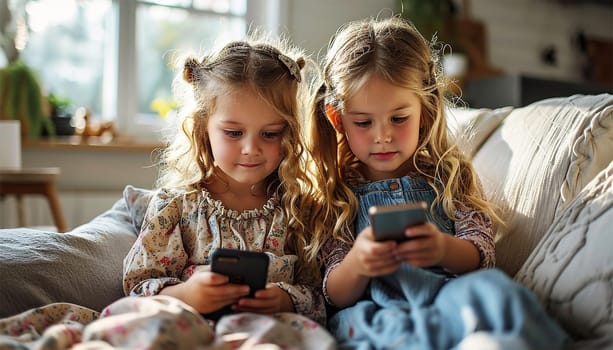 Two kids with gadgets. Sisters surfing the net or playing online games on smartphone and digital tablet at home. Modern communication and gadget addiction concept. Cute children siblings on smartphone happy