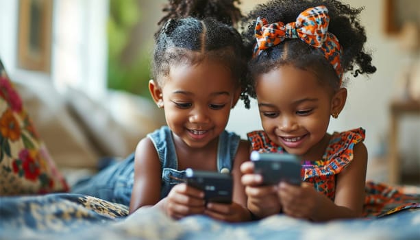 Children gadget addiction two happy laughing African American little girls sisters browsing mobile phone watching cartoons online without parental control at home couch kids siblings using smartphone and having fun portrait