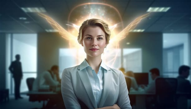 Beautiful female business woman CEO in a suit, standing confidently with arms folded and halo angel light burning. Successful female leader at work beauty