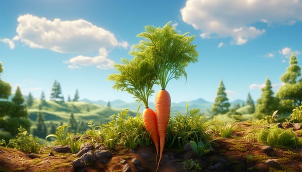 Ripe carrot growing in soil in garden 3D animation. Blue summer sky. Carrot growing closeup. carrot is growing in soil. A closeup shot of carrots growing in field. A fresh vegetable plant of carrot. funny vegetable sunlight