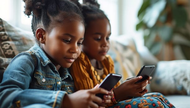 Children gadget addiction two happy laughing African American little girls sisters browsing mobile phone watching cartoons online without parental control at home couch kids siblings using smartphone and having fun portrait