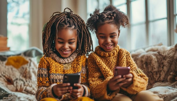 Children gadget addiction two happy laughing African American little girls sisters browsing mobile phone watching cartoons online without parental control at home couch kids siblings using smartphone and having fun portrait