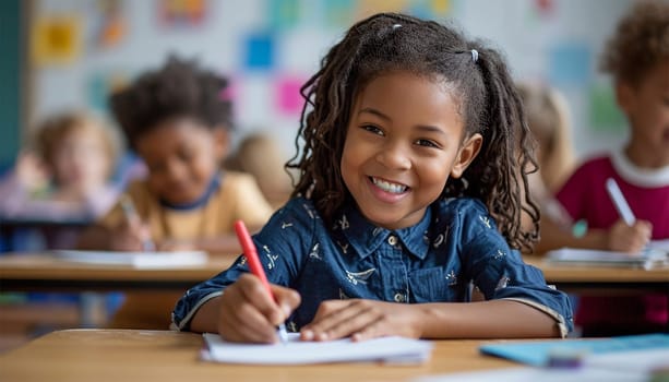 Portrait of cheerful smiling diverse schoolchildren standing posing in classroom holding notebooks and backpacks looking at camera happy after school reopen. Diversity. Back to school concept. Mixed race, multiracial daycare kids education happy