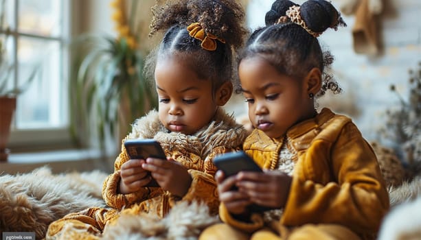 Children gadget addiction two happy laughing African American little girls sisters browsing mobile phone watching cartoons online without parental control at home couch kids siblings using smartphone and having fun portrait