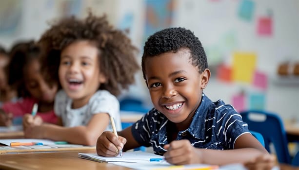 Portrait of cheerful smiling diverse schoolchildren standing posing in classroom holding notebooks and backpacks looking at camera happy after school reopen. Diversity. Back to school concept. Mixed race, multiracial daycare kids education happy
