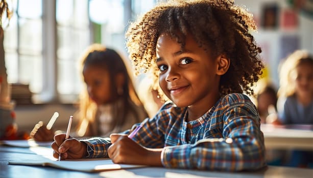 Portrait of cheerful smiling diverse schoolchildren standing posing in classroom holding notebooks and backpacks looking at camera happy after school reopen. Diversity. Back to school concept. Mixed race, multiracial daycare kids education happy