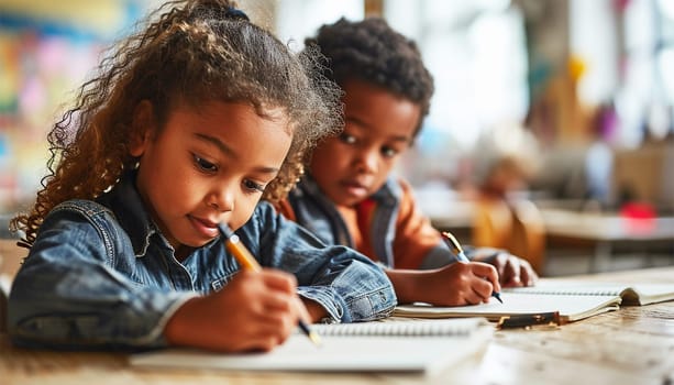 Portrait of cheerful smiling diverse schoolchildren standing posing in classroom holding notebooks and backpacks looking at camera happy after school reopen. Diversity. Back to school concept. Mixed race, multiracial daycare kids education happy