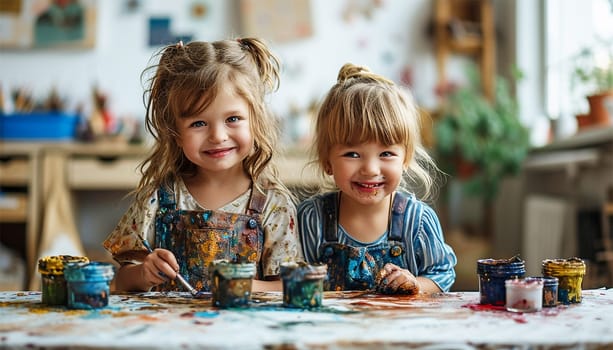 Little Caucasian siblings drawing together in living room at home. Happy girl and her sister or friend painting with crayons. Art and crafts for toddler and preschooler having fun. Creative kids concept cute