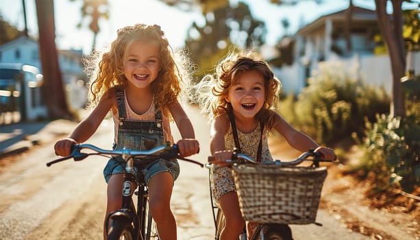 Two Children Riding Bicycle on Way to School. back View of kids Commuting to School on Bicycle along Suburban Bikeway in Morning, summer light active