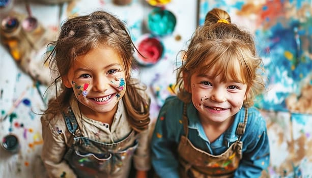 Little Caucasian siblings drawing together in living room at home. Happy girl and her sister or friend painting with crayons. Art and crafts for toddler and preschooler having fun. Creative kids concept cute