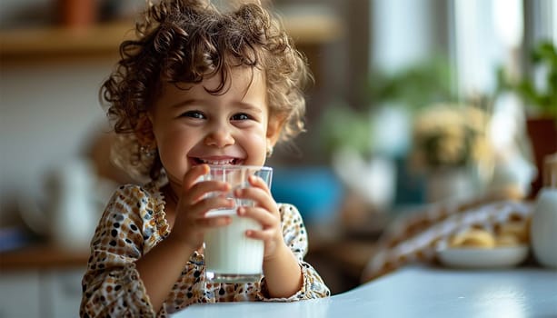 Portrait of adorable little African American child drinking glass of milk at home. Enjoying Healthy drink. Black girl calcium drink close up