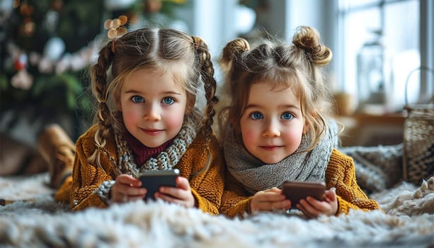Two kids with gadgets. Sisters surfing the net or playing online games on smartphone and digital tablet at home. Modern communication and gadget addiction concept. Cute children siblings on smartphone happy